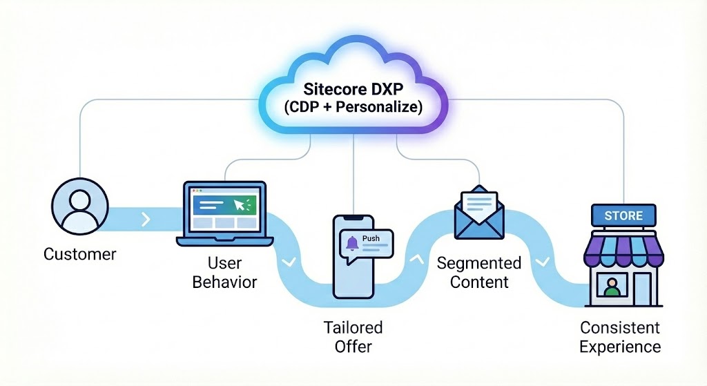 Sitecore Guide article showingAn illustration showing a customer's journey across different channels, with relevant content delivered at each touchpoint through Sitecore DXP.