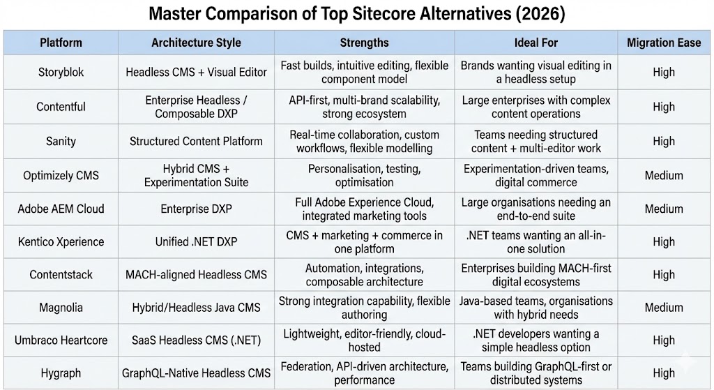 sitecore alternatives product comparison table for features and pricing