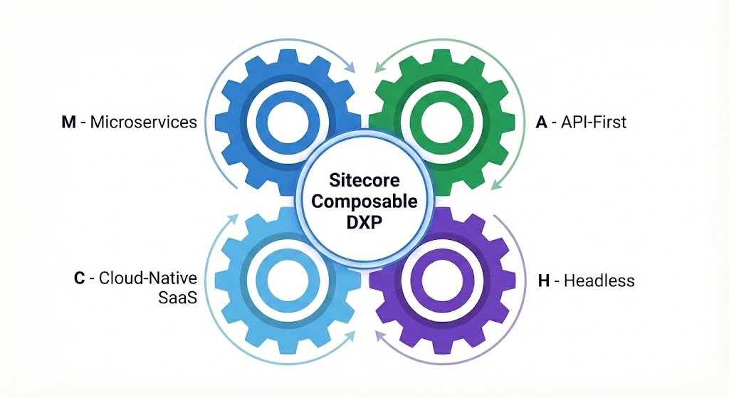 A diagram illustrating the four MACH principles: Microservices, API-first, Cloud-native SaaS, and Headless