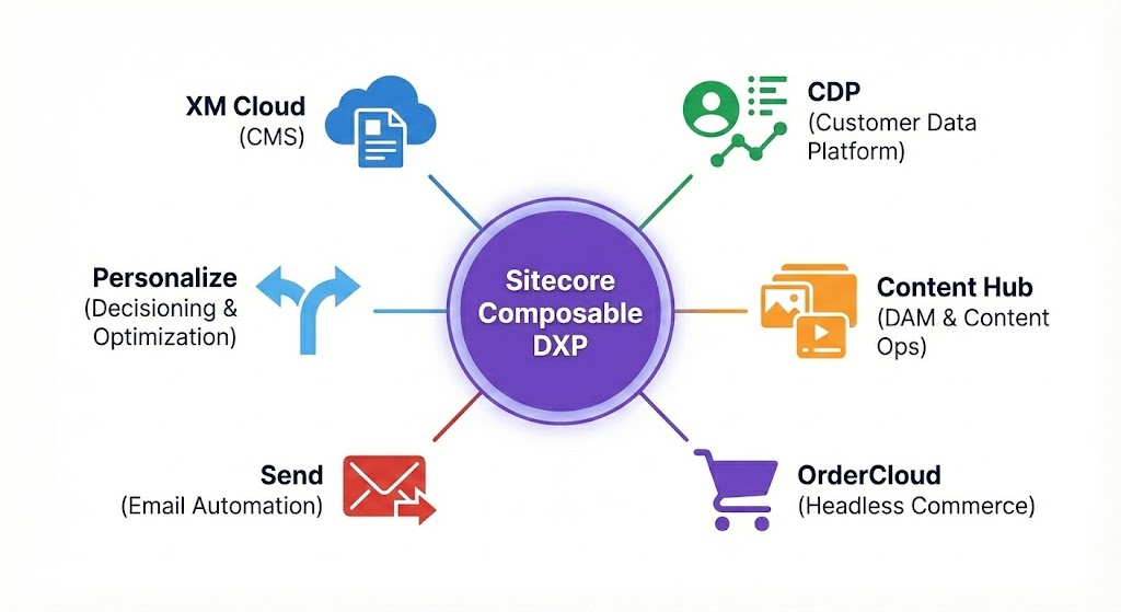 An icon map on the Sitecore Guide displaying the key components of the Sitecore product ecosystem: XM Cloud, CDP, Personalize, Content Hub, Send, and OrderCloud.