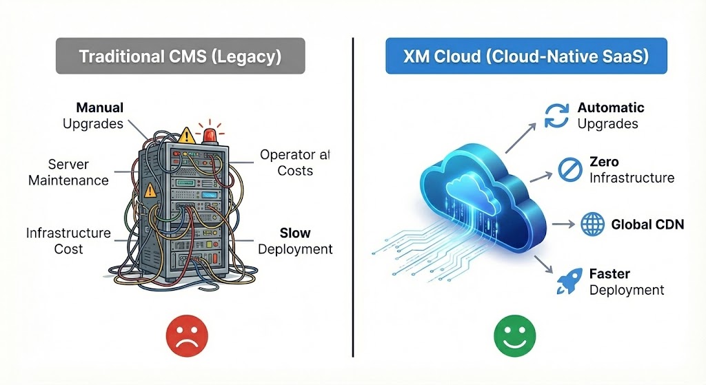 A comparison graphic showing traditional CMS infrastructure versus Sitecore XM Cloud's modern, cloud-native SaaS architecture. Sitecore Guide