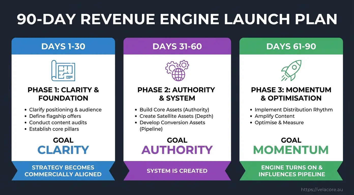 Content Marketing Strategy: How Australian Businesses Can Build a Revenue Engine 5 A three-month content marketing timeline illustrating a "Revenue Engine Launch Plan," detailing phases for Clarity (Days 1-30), Authority (Days 31-60), and Momentum (Days 61-90).