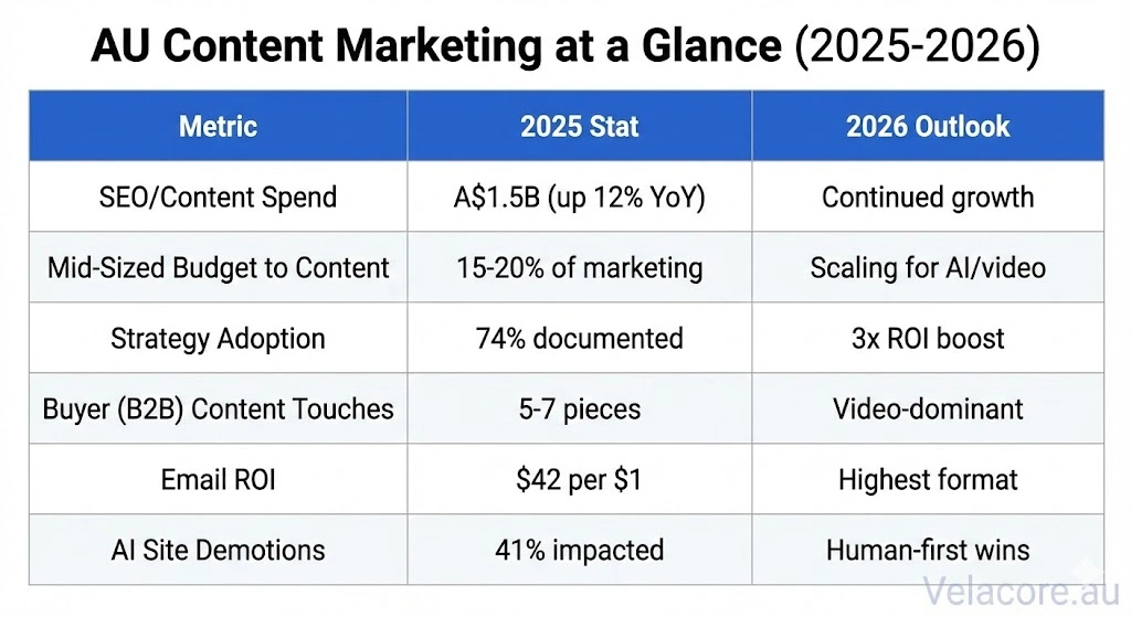 Content Marketing in 2026: The Complete Guide to Strategy, Copywriting & Business Content That Sells 3 A table infographic showing Australian content marketing statistics for 2025 and the outlook for 2026, including SEO spend, budget allocation, strategy adoption, buyer touchpoints, email ROI, and AI site demotions