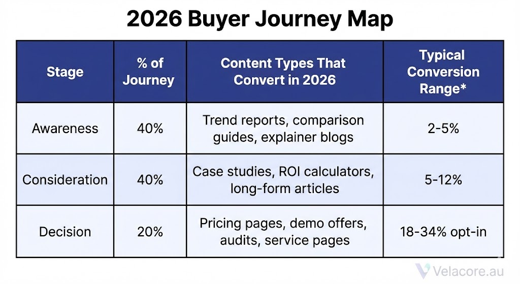 Content Marketing in 2026: The Complete Guide to Strategy, Copywriting & Business Content That Sells 10 A table infographic detailing the 2026 buyer journey, split into three stages, showing the percentage of the journey each stage represents, effective content types, and typical conversion rates.