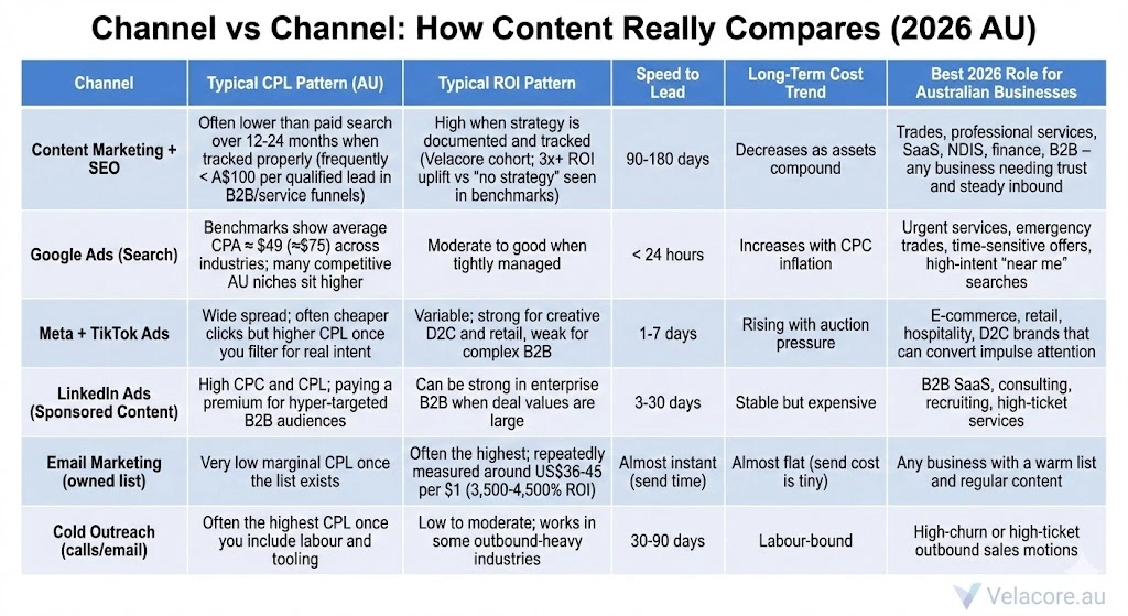 Content Marketing in 2026: The Complete Guide to Strategy, Copywriting & Business Content That Sells 4 A detailed comparison table showing how content marketing stacks up against Google Ads, Meta/TikTok Ads, LinkedIn Ads, Email Marketing, and Cold Outreach across CPL, ROI, speed to lead, and long-term cost trends in Australia.