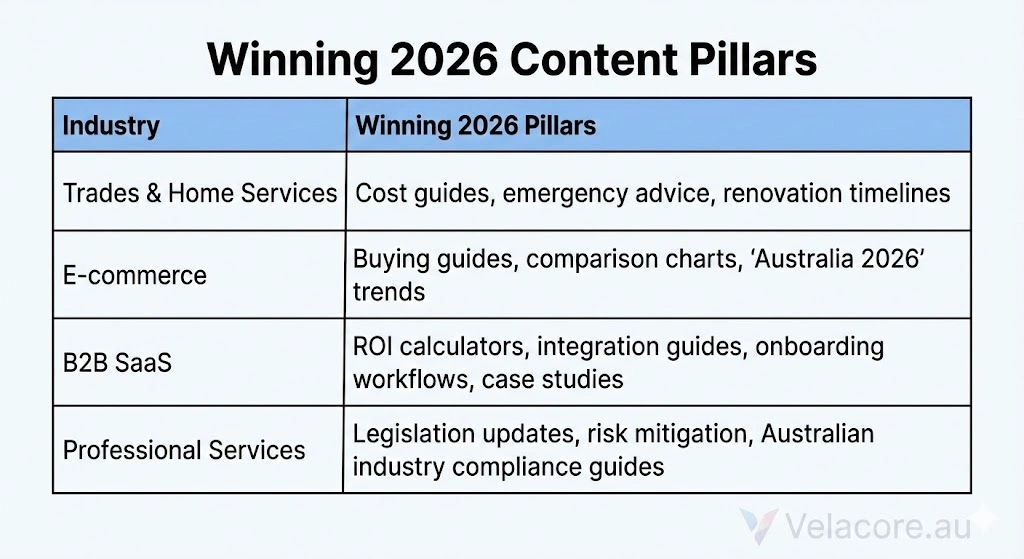 Content Marketing in 2026: The Complete Guide to Strategy, Copywriting & Business Content That Sells 9 An infographic table showing high-performing content pillars for 2026 across four industries: Trades & Home Services, E-commerce, B2B SaaS, and Professional Services.