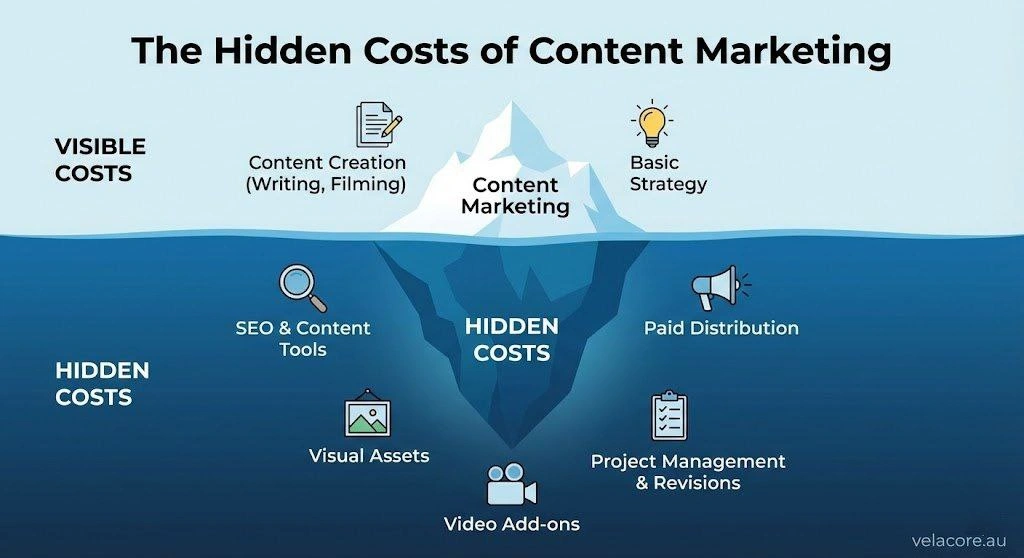 Content Marketing Costs in Australia: What You Should Budget 6 An iceberg illustration highlighting the visible vs. hidden costs of content marketing, including tools, visuals, and distribution. Title: The Hidden Costs of Content Marketing
