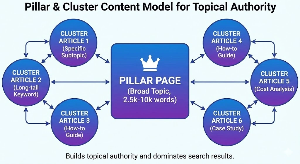 Content Marketing in 2026: The Complete Guide to Strategy, Copywriting & Business Content That Sells 13 diagram illustrating a central pillar page connected to six smaller cluster articles through internal links, demonstrating the pillar and cluster content model.