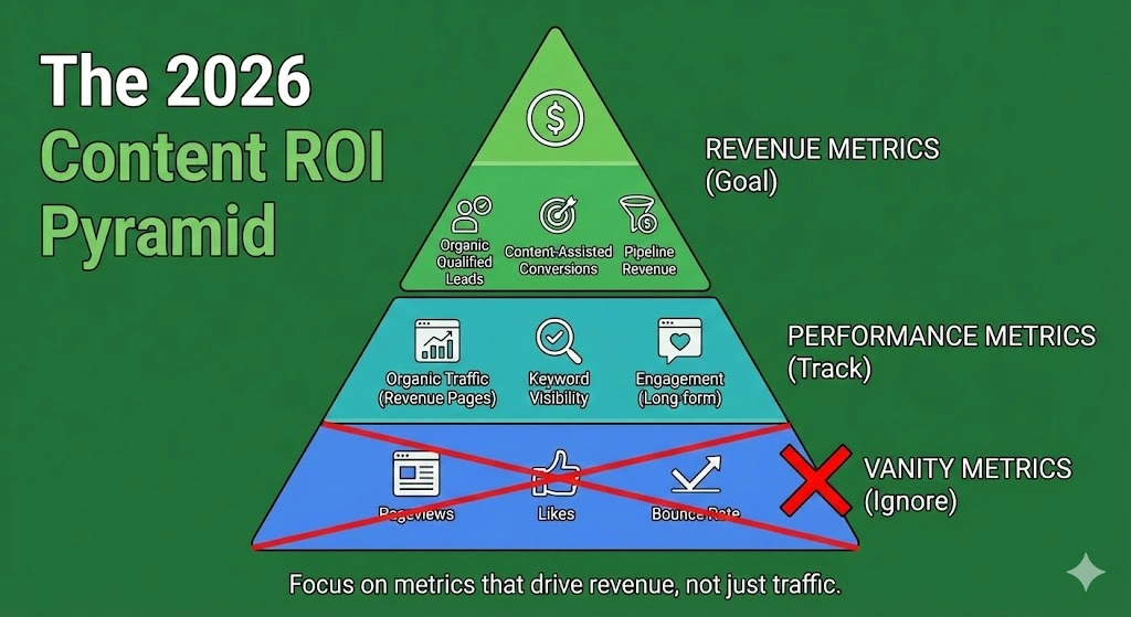 Content Marketing in 2026: The Complete Guide to Strategy, Copywriting & Business Content That Sells 17 A pyramid infographic illustrating the hierarchy of content marketing metrics, with revenue metrics at the top and vanity metrics at the bottom, marked with a red X.
