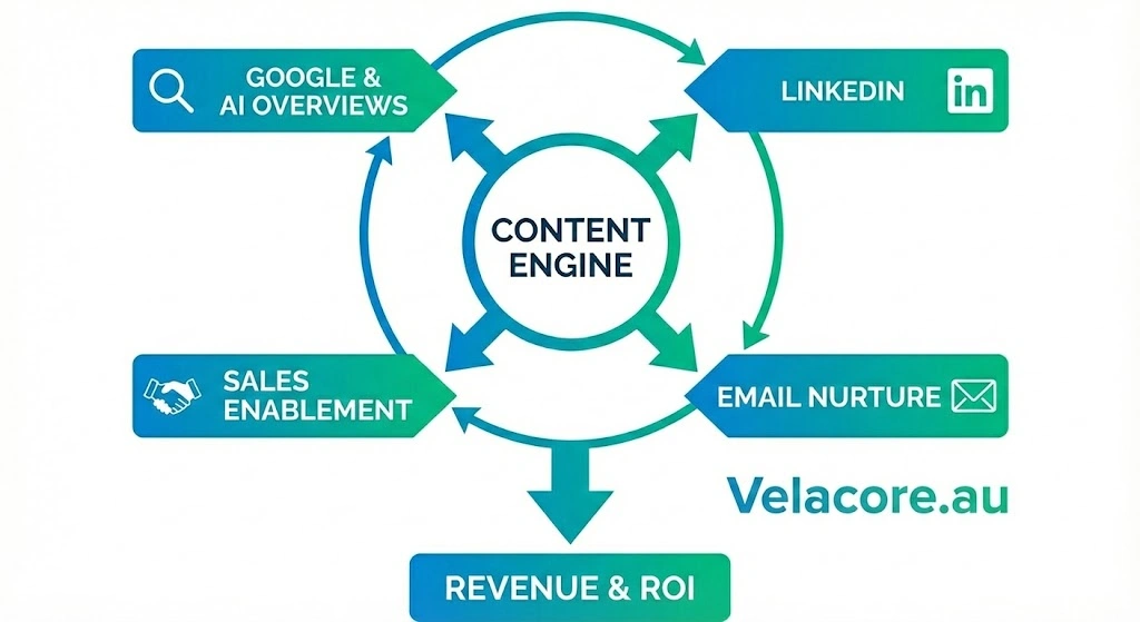 Content Marketing in 2026: The Complete Guide to Strategy, Copywriting & Business Content That Sells 16 Diagram showing a content engine at the center distributing content to various channels,
