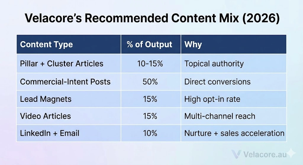 Content Marketing in 2026: The Complete Guide to Strategy, Copywriting & Business Content That Sells 14 A table infographic outlining Velacore's recommended content mix for 2026, including content types, their percentage of total output, and the reason for their inclusion. A "Velacore.au" watermark is in the bottom right.