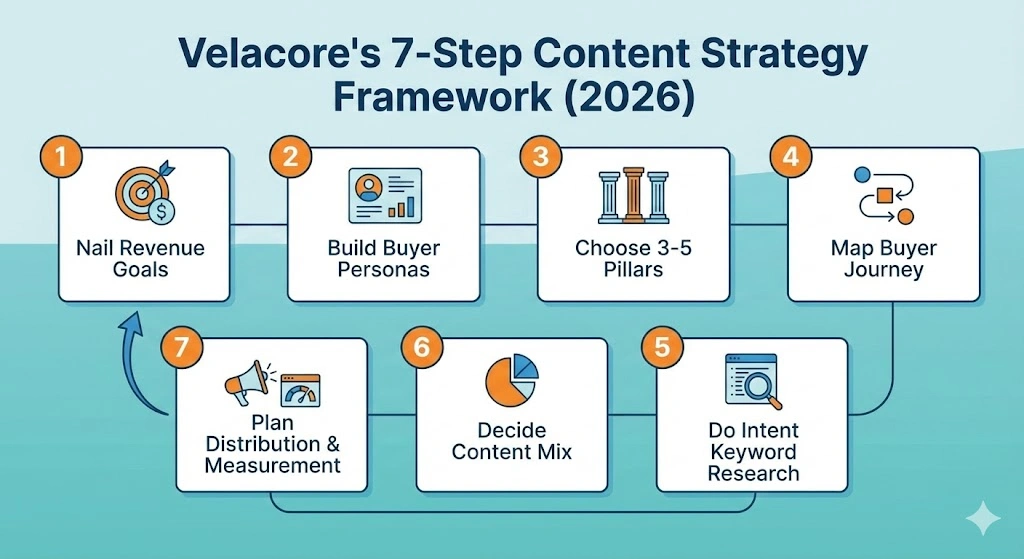 Content Marketing in 2026: The Complete Guide to Strategy, Copywriting & Business Content That Sells 12 A seven-step infographic outlining Velacore's content strategy framework, from nailing revenue goals to planning distribution and measurement.