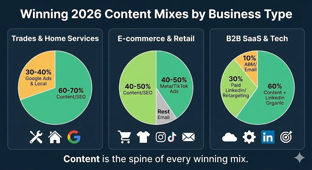 Content Marketing in 2026: The Complete Guide to Strategy, Copywriting & Business Content That Sells 6 A three-panel infographic with pie charts showing recommended content and channel mixes for Trades, E-commerce, and B2B SaaS businesses in 2026.