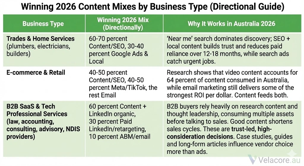 Content Marketing in 2026: The Complete Guide to Strategy, Copywriting & Business Content That Sells 5 An infographic table providing directional guidance on winning content mixes for Trades & Home Services, E-commerce & Retail, and B2B SaaS & Tech, with reasons why they work in Australia. .