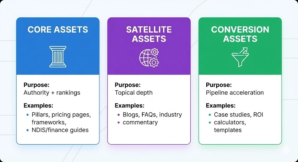 Content Marketing Strategy: How Australian Businesses Can Build a Revenue Engine 4 A strategic chart categorizing content marketing materials into three pillars: Blue "Core Assets" for authority (pillar pages), Purple "Satellite Assets" for topical depth (blogs), and Green "Conversion Assets" for pipeline acceleration (case studies).
