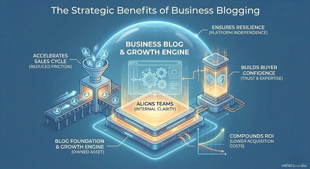 Does Your Business Need a Blog in 2026? The Real Answer for Australian Brands 5 Infographic titled "The Strategic Benefits of Business Blogging," illustrating a blog as a central growth engine powering sales, team alignment, trust, ROI, and resilience.