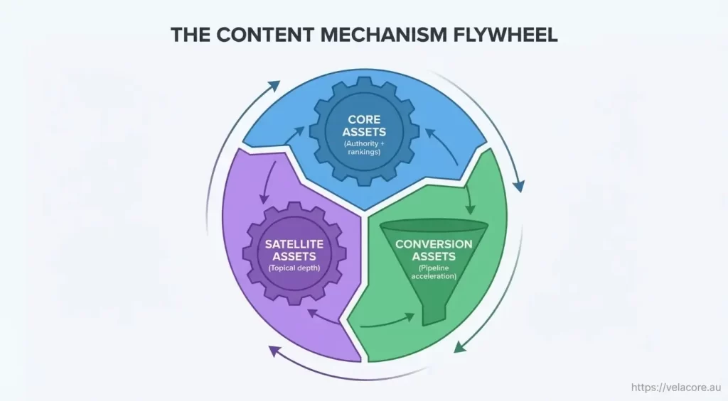 Content Marketing Strategy: How Australian Businesses Can Build a Revenue Engine 3 A "Content Mechanism Flywheel" diagram illustrating a holistic content marketing strategy that connects Blue "Core Assets" for authority, Purple "Satellite Assets" for topical depth, and Green "Conversion Assets" for pipeline acceleration in a continuous loop.
