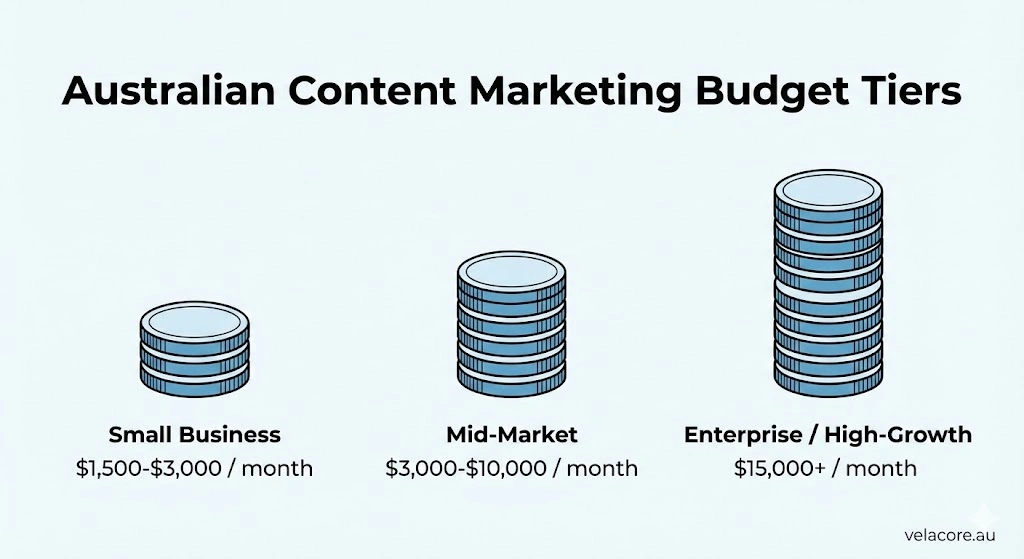 Content Marketing Costs in Australia: What You Should Budget 7 An infographic showing three tiers of content marketing budgets for Australian businesses, represented by coin stacks for Small Business, Mid-Market, and Enterprise. Title: Australian Content Marketing Budget Tiers