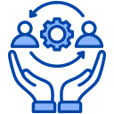 ERP Training & Change Management 11 A linear icon representing continuous support, featuring two hands upholding a rotating cycle of user avatars and a central gear, symbolizing ongoing training and system maintenance.