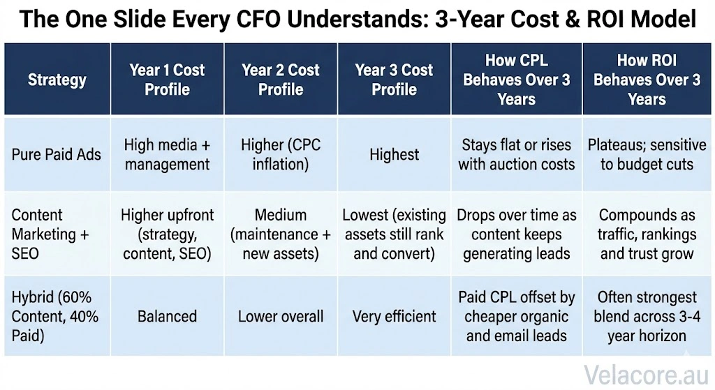 Content Marketing in 2026: The Complete Guide to Strategy, Copywriting & Business Content That Sells 7 A table infographic presenting a 3-year cost and ROI model for Pure Paid Ads, Content Marketing + SEO, and a Hybrid approach, designed for CFOs.