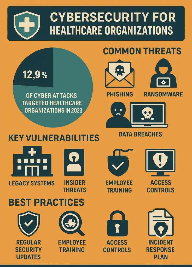 An infographic titled "Cybersecurity for Healthcare Organizations" showing that 12.9% of attacks targeted healthcare in 2023, listing common threats like phishing and ransomware, vulnerabilities such as legacy systems, and best practices like regular updates and incident response plans.