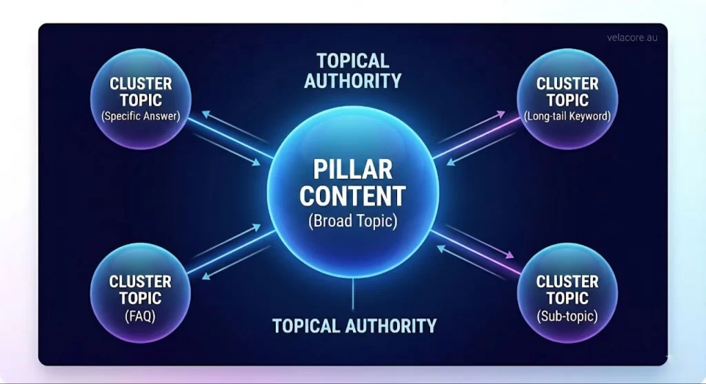 Does Your Business Need a Blog in 2026? The Real Answer for Australian Brands 6 Diagram illustrating the pillar and cluster content strategy, showing a main topic connected to related sub-topics via internal links, with a velacore.au watermark. Title: Building Topical Authority via Pillars and Clusters.
