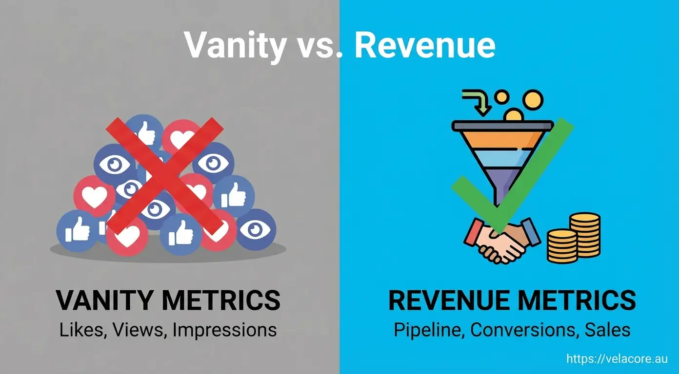 Content Marketing Strategy: How Australian Businesses Can Build a Revenue Engine 2 A split-screen infographic illustrating a results-driven content marketing strategy, contrasting "Vanity Metrics" (likes, views) crossed out with a red X against "Revenue Metrics" (pipeline, sales) validated by a green checkmark.