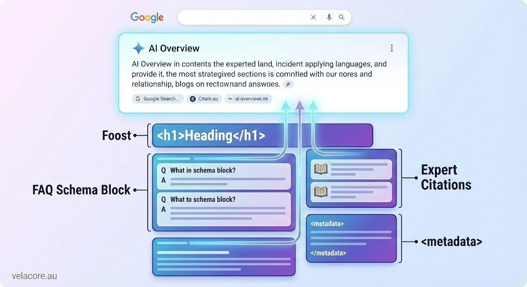 Does Your Business Need a Blog in 2026? The Real Answer for Australian Brands 2 Graphic showing how structured blog content, such as semantic HTML and FAQ blocks, is pulled into Google AI Overviews search results, with a velacore.au watermark. Title: Optimizing Blog Content for AI Overview Visibility.