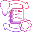 ERP Training & Change Management 9 A gradient line icon illustrating the project lifecycle, featuring a lightbulb for strategy, a checklist for planning, and a gear for execution connected in a cyclical loop.