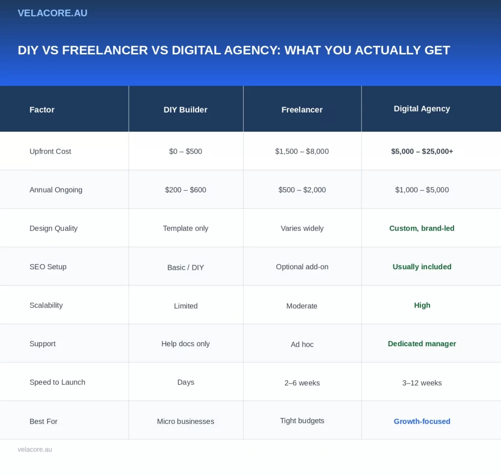 How Much Does a Website Cost in Australia in 2026? 3 Comparison table showing the differences between DIY website builders, freelancers and digital agencies across eight factors including cost, design quality, SEO setup, scalability and support