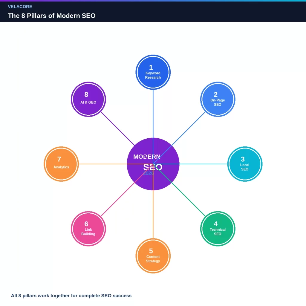 Hub-and-spoke diagram showing 8 essential SEO pillars orbiting central Modern SEO 2026 hub, including keyword research, on-page, local, technical, content, links, analytics, and AI/GEO
