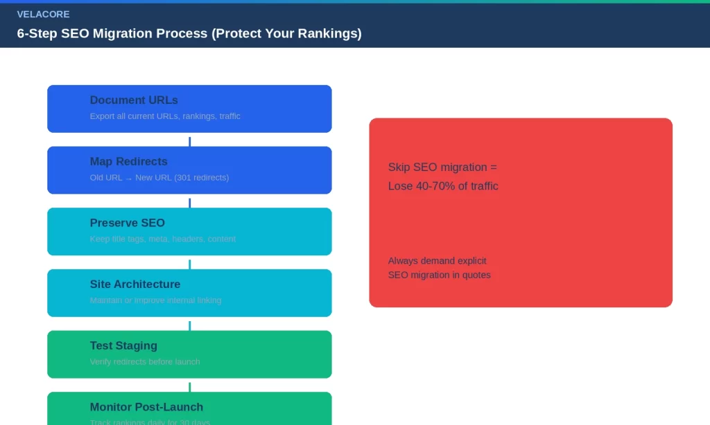 Website Redesign Cost Australia: When to Redesign And What to Expect 4 Six-step SEO migration process for website redesign showing how to protect Google rankings with URL documentation, 301 redirect mapping, SEO preservation, site architecture, staging tests, and post-launch monitoring