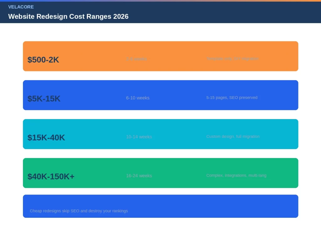 Website Redesign Cost Australia: When to Redesign And What to Expect 3 Website redesign cost comparison 2026 showing four pricing tiers: DIY template $500-2K for 2-6 weeks, small business $5-15K for 6-10 weeks, mid-size $15-40K for 10-14 weeks, enterprise $40-150K+ for 16-24 weeks