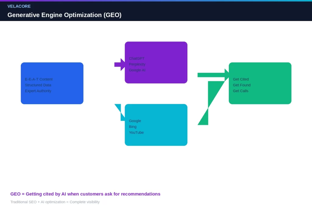  Flow diagram showing how GEO works: business creates E-E-A-T content, AI engines and search engines process it, customers get cited recommendations and find your business