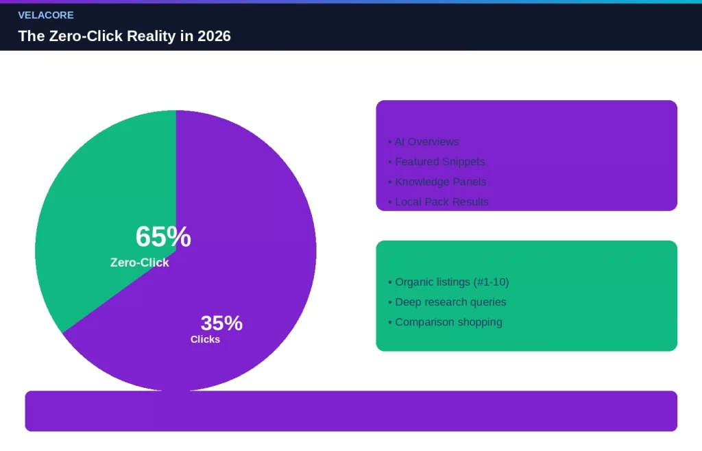  Pie chart showing 65% of searches are zero-click (answered by AI Overviews, featured snippets, knowledge panels) versus 35% that click through to websites