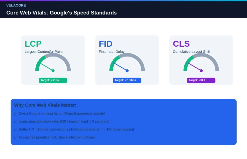 Core Web Vitals dashboard showing three metrics with speedometer gauges: LCP under 2.5 seconds, FID under 100 milliseconds, CLS under 0.1