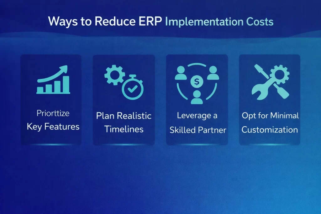 Ways to reduce ERP implementation cost in Australia infographic showing planning, prioritisation and minimal customisation strategies