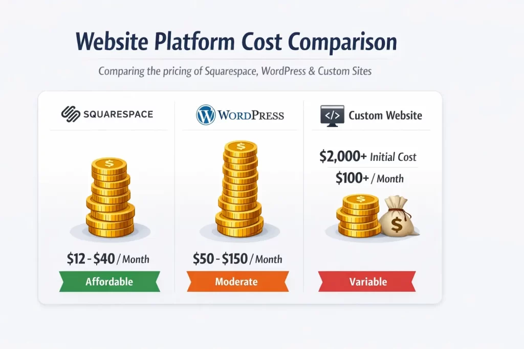 Squarespace vs WordPress vs Custom Website: What Should You Choose? 5 Cost comparison infographic showing Squarespace monthly pricing WordPress hosting and plugin costs and custom website development investment for Australian businesses