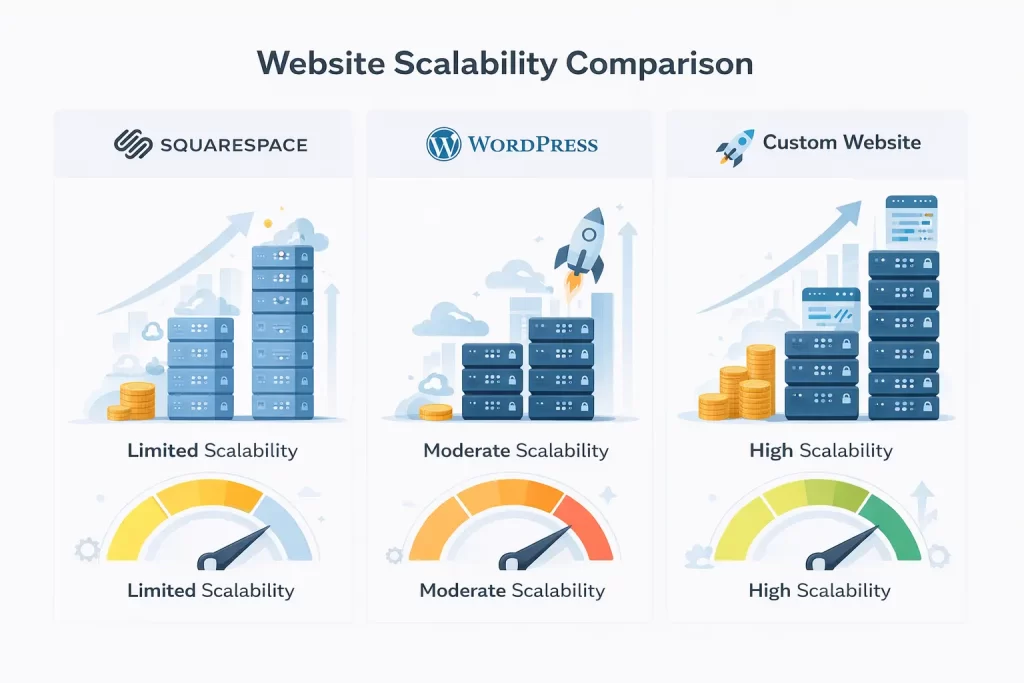 Squarespace vs WordPress vs Custom Website: What Should You Choose? 4 Infographic comparing scalability levels of Squarespace WordPress and custom websites showing growth capacity server performance and website expansion potential