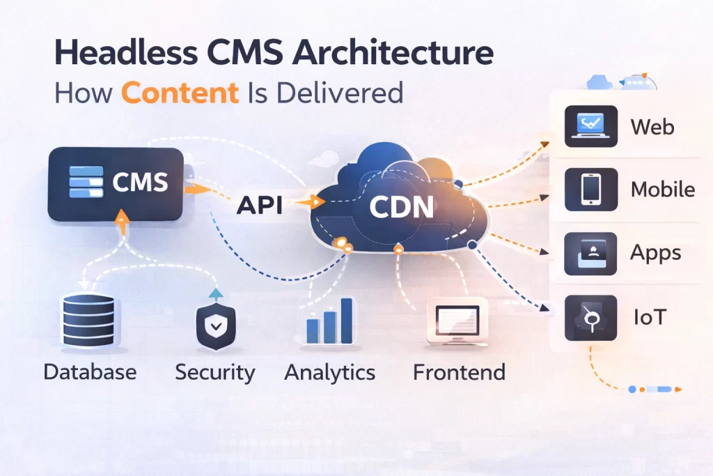 Conceptual illustration of AI assisting content generation, tagging, and personalization in modern CMS platforms.