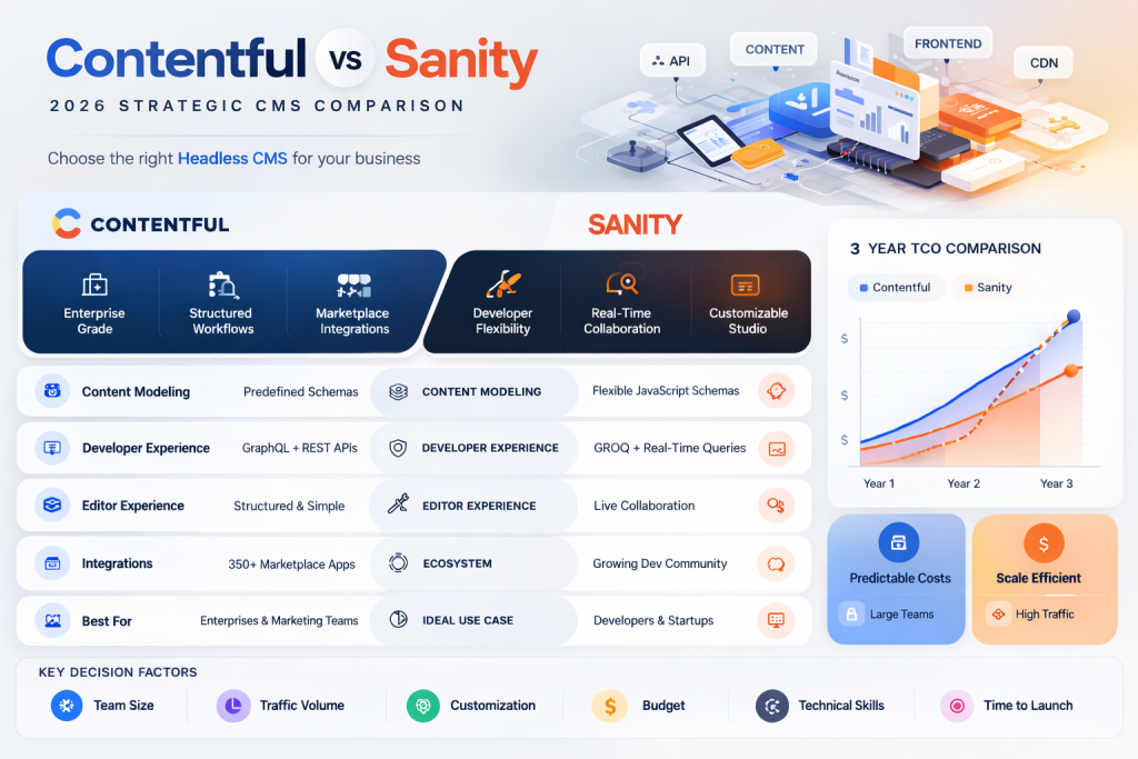 Contentful vs Sanity headless CMS at a glance comparison infographic