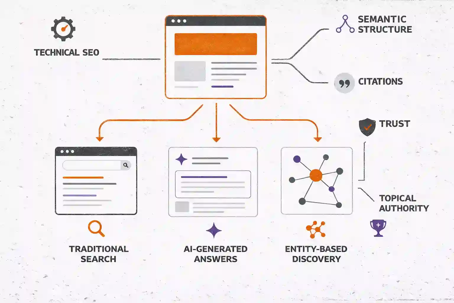Enterprise SEO and AI search visibility diagram showing technical SEO, structured content, and entity signals across modern search systems
