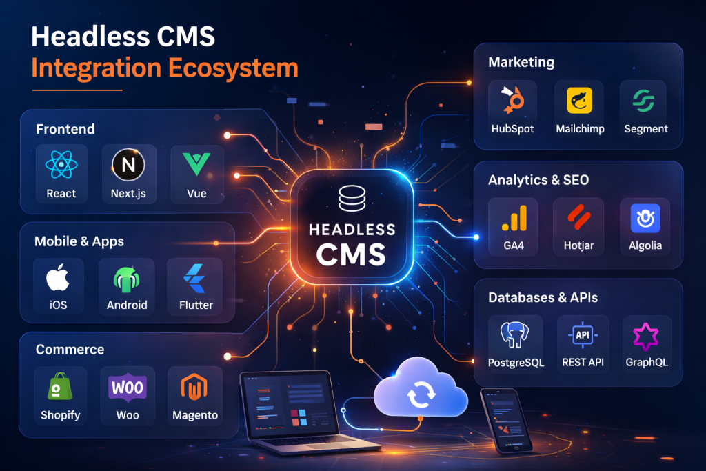 Headless CMS integration ecosystem showing connections between frontend frameworks, analytics tools, ecommerce platforms and marketing systems