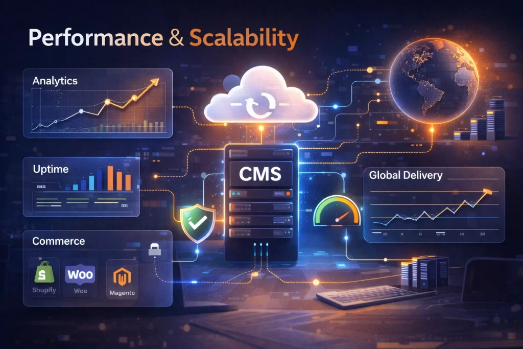 Headless CMS performance and scalability illustration showing cloud infrastructure, analytics dashboards and global content delivery network