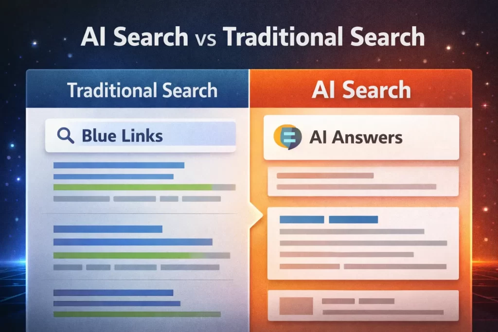 How to Audit Your Website for AI Visibility (Step-by-Step for 2026) 2 comparison of AI search results and traditional Google search showing AI answers versus blue links