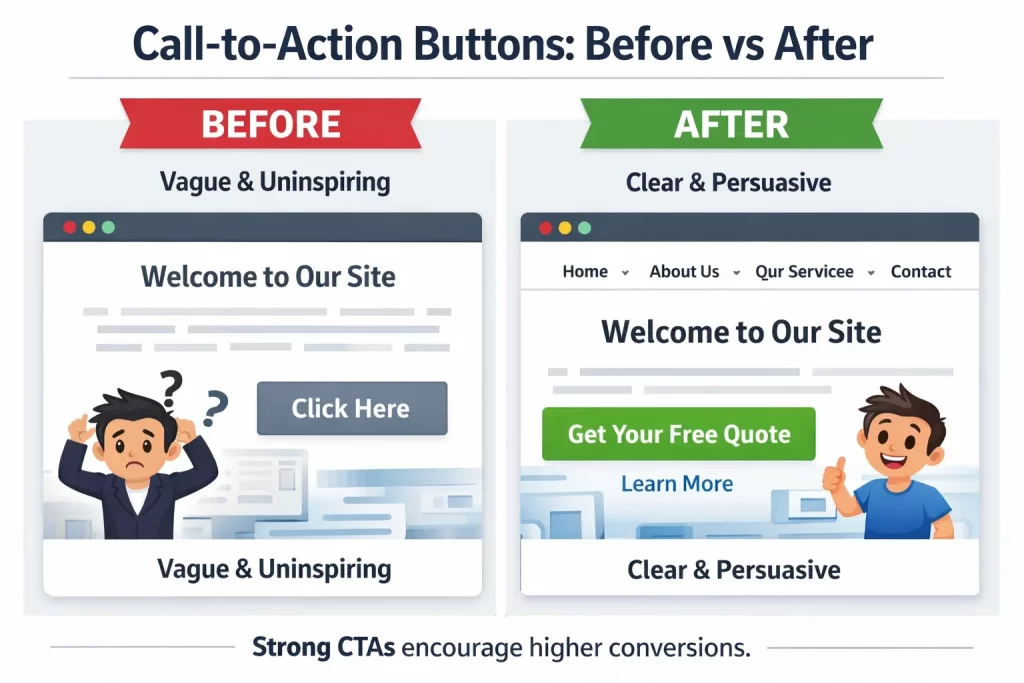 Signs Your Website Is Costing You Customers (And What to Do About It) 6 weak vs strong call to action buttons showing difference in website conversions and user engagement
