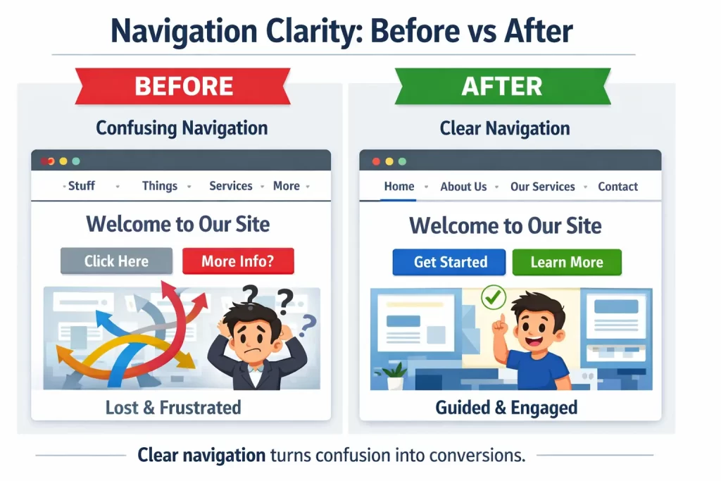 Signs Your Website Is Costing You Customers (And What to Do About It) 5 confusing website navigation vs clear navigation showing improved user experience and conversions