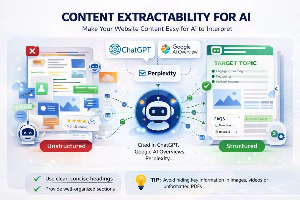 How to Audit Your Website for AI Visibility (Step-by-Step for 2026) 5 comparison of structured and unstructured content showing how AI extracts clear answers from well formatted content
