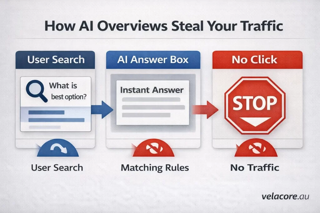 Diagram showing how AI Overviews answer user queries and prevent clicks to websites