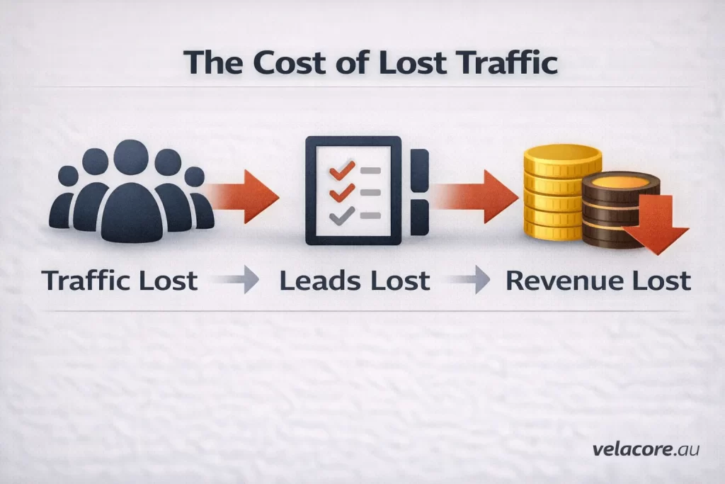 Diagram showing how lost website traffic leads to fewer leads and reduced revenue